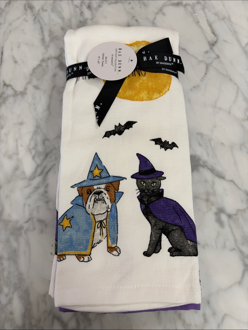 NWT Rae Dunn Happy Haunting Dog & Cat Halloween Bats Kitchen Towels White